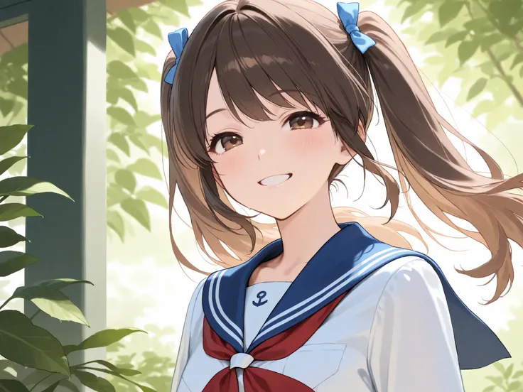 high school girl, Sailor Suit, twin tails, smile,   Fresh greenery,  wind,