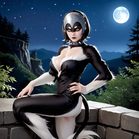 score_9, Dormarth, yellow eyes, furry female, voluptuous and sensual body, big breasts, big ass, claws, black fur, white fur, tail, monster girl, short hair, black hair, nail polish, black lips, white eyebrows, two-tone fur, body fur, spiked collar, helmet...