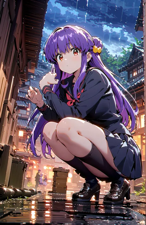 score_9, score_8_up, score_7_up, source_anime,  shampoo, shampoo (Ranma 1/2), long hair, hair ornament, Red Eyes, purple hair, hair bun, double bang, Medium breast, Black Sailor Suit,long sleeve, black mini pleated skirt ,Black thigh high socks,loafers,whi...