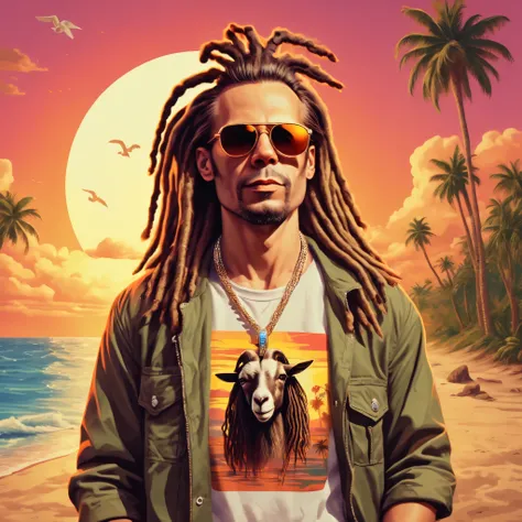 Retro_,31 written on a t-shirt,Horizontal male face, chin up, Long dreadlocks, brown, sunglasses, Goat, wearing a cammo jacket with a diamond necklace, tropical, with sunset in the background, Beach and palm trees, flat on the honny, Soviet