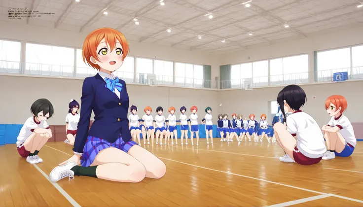 1girl,unwellness hoshizora rin, striped, short hair, blush, otonokizaka school uniform, lovelive_rin black blazer, blue plaid skirt, blue stripe bowtie, orange hair, very short hair, hair between eyes, yellow green eyes,sitting on the floor grasping one's ...