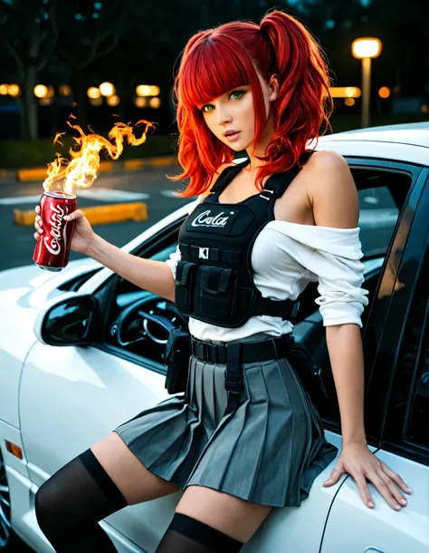 bulletproof vest, masterpiece, absurdres, best quality, newest, ambient lighting, very aesthetic, ultrahd, high contrast, realistic, Detailed hand, Hand, Perfect hand, (Holding a flaming large coca-cola drinking can :1,4) 1girl, solo, breasts, looking at v...