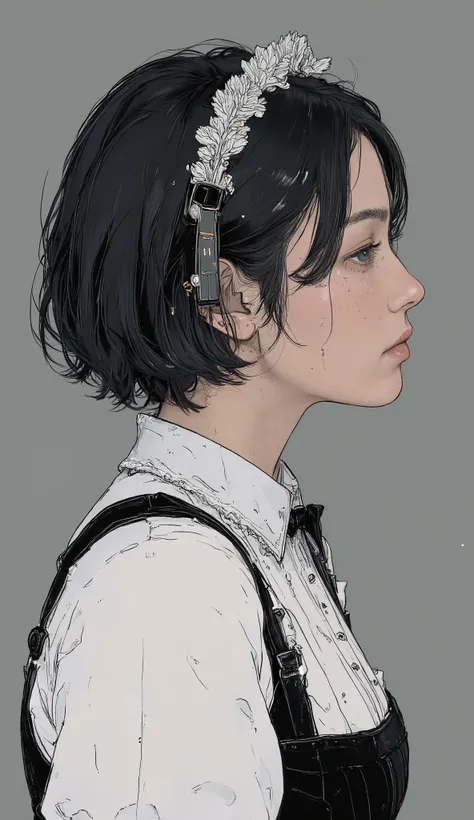 Profile、short black hair、twin tails, white lace headband、Black Ribbon, white and black ruffled maid clothes, Elegant Poses , I made it plump, Beautiful Faces, side図, soft lighting, Indoor Settings, Neutral grey background, classic and formal atmosphere, ...
