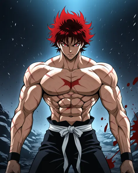 Ultra-muscular anime warrior, inspired by Baki Hanma, shirtless with deeply defined abs and muscles, intense battle-ready expression, short spiky hair, battle scars on chest and arms, dark red eyes glowing slightly, standing in a gritty underground fight a...