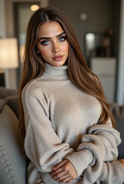 woman wearing a loose fit knitted turtleneck jumper while lounging in her in her living room, no cleavage