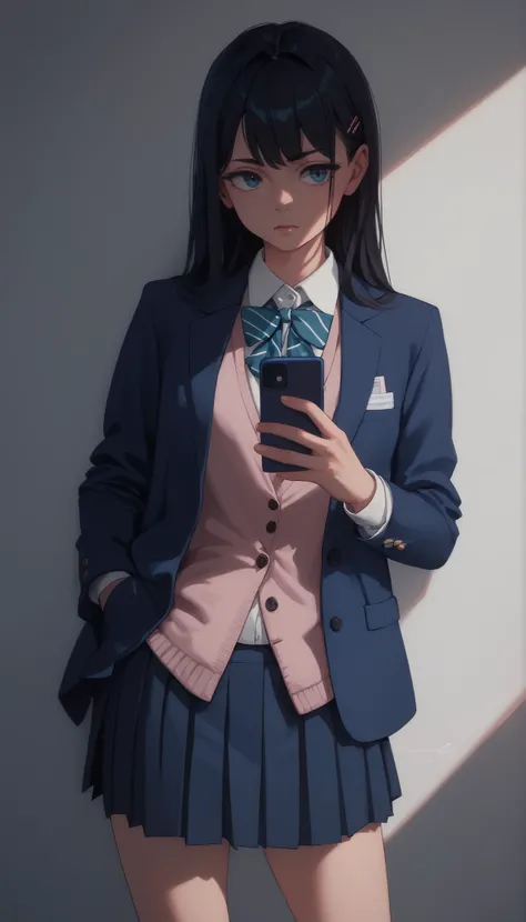 long black hair bungs high school girl Navy Blue Blazer light pink underwear slightly visible from my pleated skirt Hands in blazer pockets、Looking at my smartphone with one hand