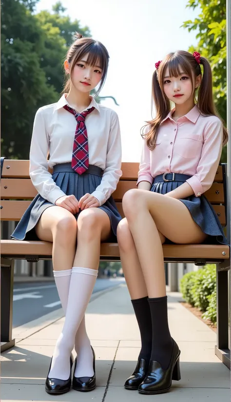 (masterpiece, best quality), highly detailed, blush, grin, happy, light smile, (couple), yuri, (duo focus),An ultra-detailed portrayal of 2 Asian girls, 1 girl is sitting on a wooden bench in front of a big tree, and 1 girl is dowm her knee by the side of ...