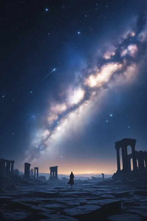 Ancient ruins that are more philosophical and futuristic。The stars are sharper and more beautiful。Lots of Galaxies。