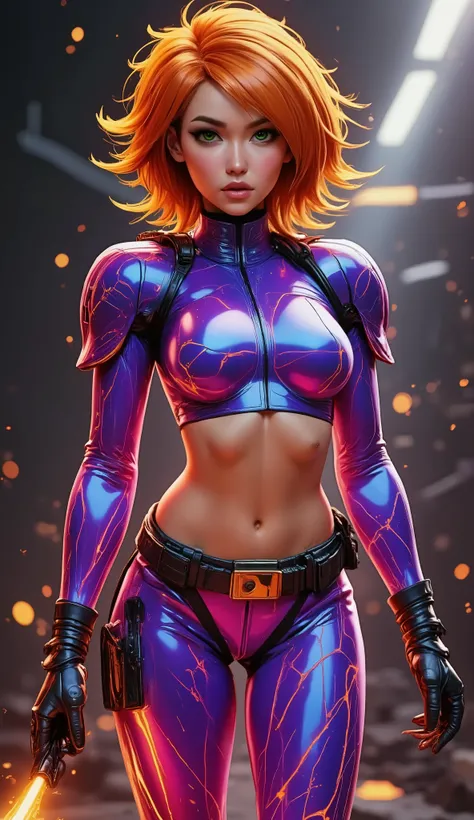 Jubalee, a striking character in a fluid illustration style, embodies the essence of a female superhero. Her powers are vividly showcased as she strikes a dynamic action pose, clad in a cool long trench coat and armor costume made of lava. The fluidity of ...