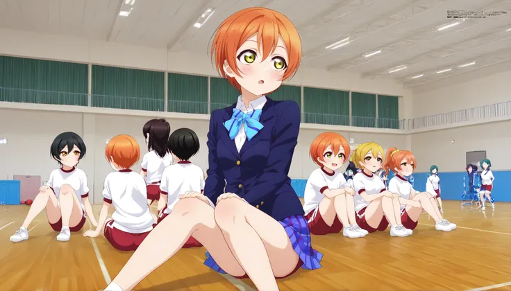 1girl,unwellness hoshizora rin, striped, short hair, blush, otonokizaka school uniform, lovelive_rin black blazer, blue plaid skirt, blue stripe bowtie, orange hair, very short hair, hair between eyes, yellow green eyes,sitting on the floor grasping one's ...