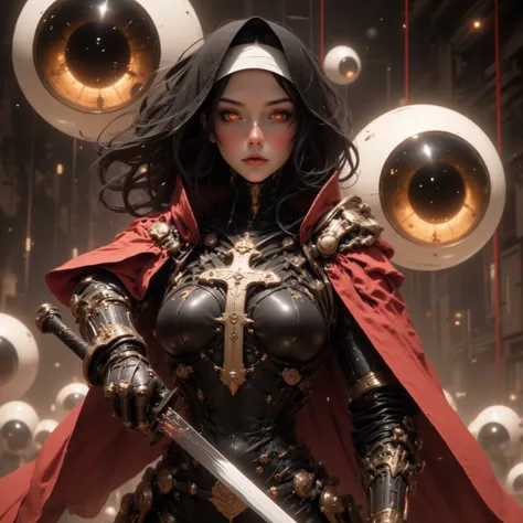 Cybernetic combat Nun with Shoulder length Black hair, tanned skin, glowing Golden Irises with black pupils and white Scalera, wielding a High tech Long Sword, Wearing a Red and Black Nun's Habit on her head, wearing a Black and Metallic Red High-Tech powe...