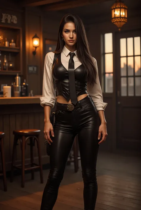 Full body beautiful sexy sensual bombshell sheriff woman black long straight hair, black eyes, big breasts, wide, athletic shoulders, slim waist, long shapely legs, detailed hands, perfect eyes black leather vest, white silk shirt, black leather tie black ...