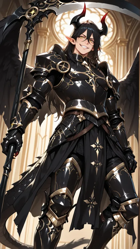 (masterpiece, best quality: 1. 3), highres, 8K, CG, (((Anime))), (1 male), lean body, ((masculine)), (floating in the air), weredragon, japanese anime style, glossy black, shiny black leather, ((beautiful golden eyes, finely detailed eyes, bright eyes, ver...