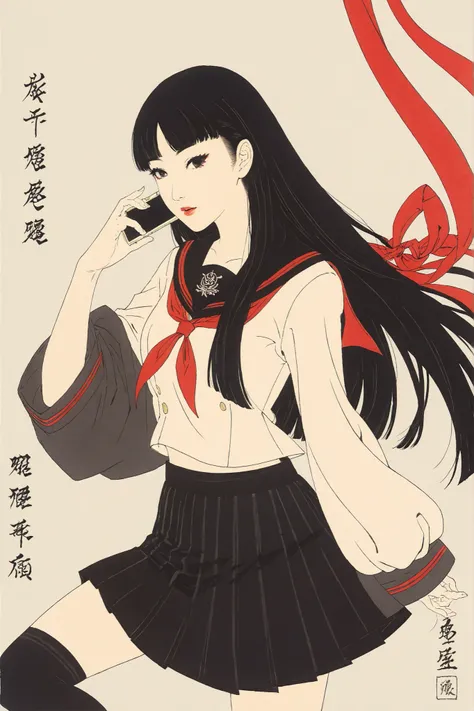 Score_9, Score_8_up, ((masterpiece,best quality,high detailed)), beautiful face,turime,black hair,long straight hair ,Bob,hime cut, long hair,((wearing Japanese school black sailor uniform with mini black skirt, red ribbon,long sleeve)),((looking a smartp...