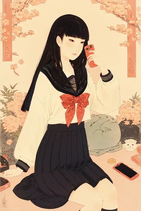 Score_9, Score_8_up, ((masterpiece,best quality,high detailed)), beautiful face,turime,black hair,long straight hair ,Bob,hime cut, long hair,((wearing Japanese school black sailor uniform with mini black skirt, red ribbon,long sleeve)),((smartphone)),sch...