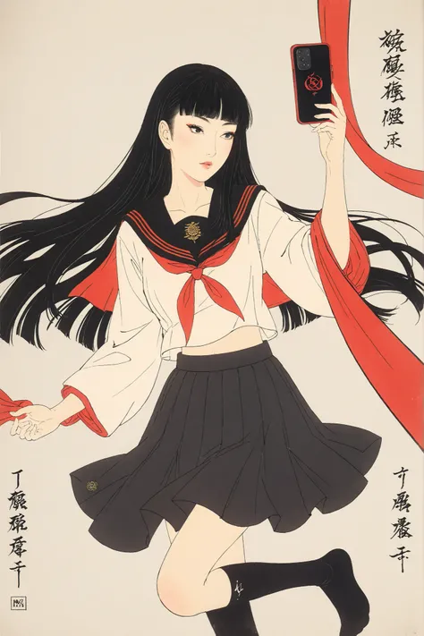Score_9, Score_8_up, ((masterpiece,best quality,high detailed)), beautiful face,turime,black hair,long straight hair ,Bob,hime cut, long hair,((wearing Japanese school black sailor uniform with mini black skirt, red ribbon,long sleeve)),((smartphone)),sch...