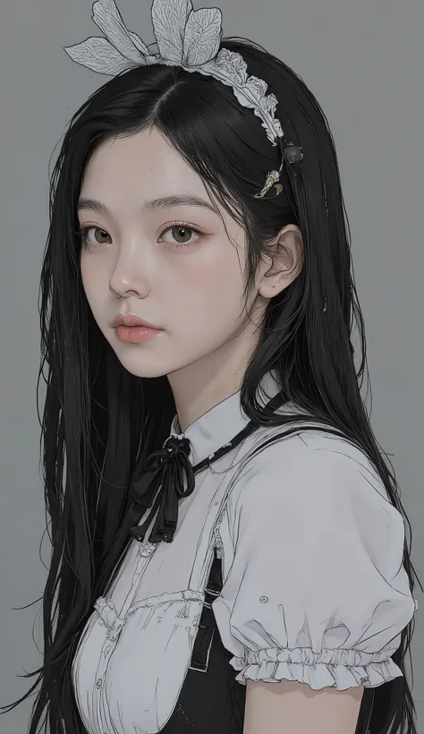 long black hair、twin tails, white lace headband、Black Ribbon, white and black ruffled maid clothes, Elegant Poses , I made it plump, Beautiful Faces, side図, soft lighting, Indoor Settings, Neutral grey background, classic and formal atmosphere, close-up ...