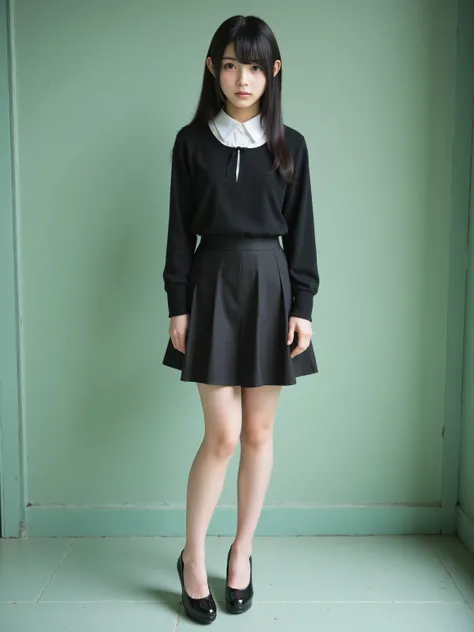 ((best quality、8k、masterpiece:1.3)),((((full body shot)))),ultra high resolution,big eyes,Japanese,bungs,(girl),(1 girl),((20 years old)),((facing the viewer)),((viewers)),(long hair),(((black school uniform))), green,((standing)),(pleated miniskirt),(((pl...