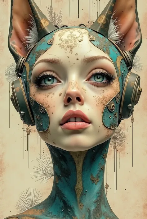 an abstract head with animallike features, in the style of futuristic cyberpunk, james jean, light brown and cyan, highly detailed illustrations, symmetrical balance, jeff danziger, aykut aydogdu --ar 37:55 --stylize 750 --v 5.2