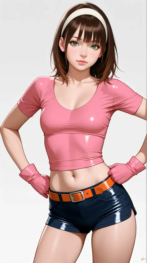 Half-body view of a beautiful woman with long brown hair and full spiky bangs, green eyes, medium chest, wear a white hairband, wear a fit pink leather shirt with short-sleeves and scoop neck, dark blue leather shorts with orange belt, pink gloves, her shi...