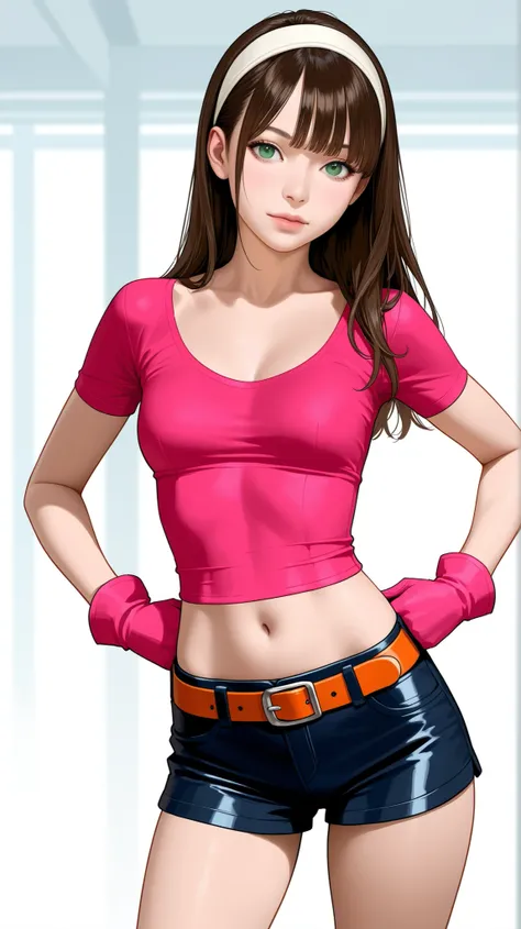 Half-body view of a beautiful woman with long brown hair and full spiky bangs, green eyes, medium chest, wear a white hairband, wear a fit pink leather shirt with short-sleeves and scoop neck, dark blue leather shorts with orange belt, pink gloves, her shi...