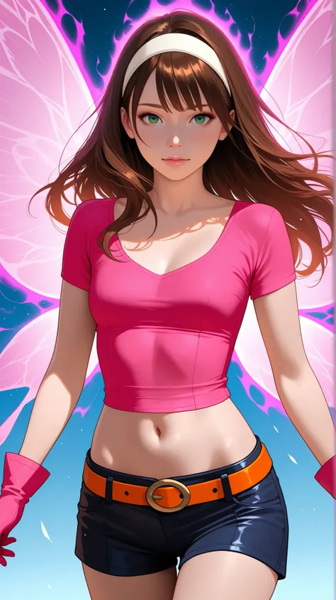 Half-body view of a beautiful woman with long brown hair and full spiky bangs, green eyes, medium chest, wear a white hairband, wear a fit pink leather shirt with short-sleeves and scoop neck, dark blue leather shorts with orange belt, pink gloves, her shi...