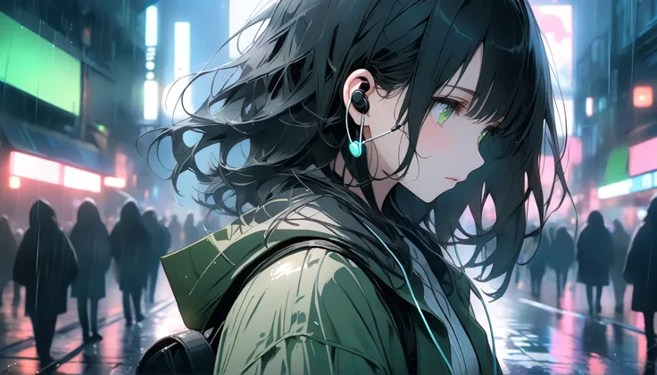 Cold tones, minimal light, soft gradations, and symbolic loneliness. Meticulous textures, masterpiece quality, and shining digital UI effects. The main character is a girl with black hair and moss green eyes. anime-style, 2D digital art, a girl with long b...