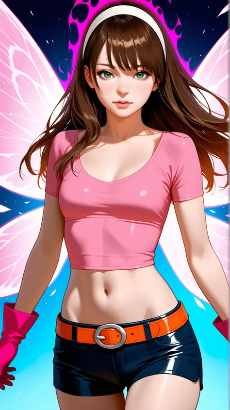 Half-body view of a beautiful woman with long brown hair and full spiky bangs, green eyes, medium chest, wear a white hairband, wear a fit pink leather shirt with short-sleeves and scoop neck, dark blue leather shorts with orange belt, pink gloves, her shi...