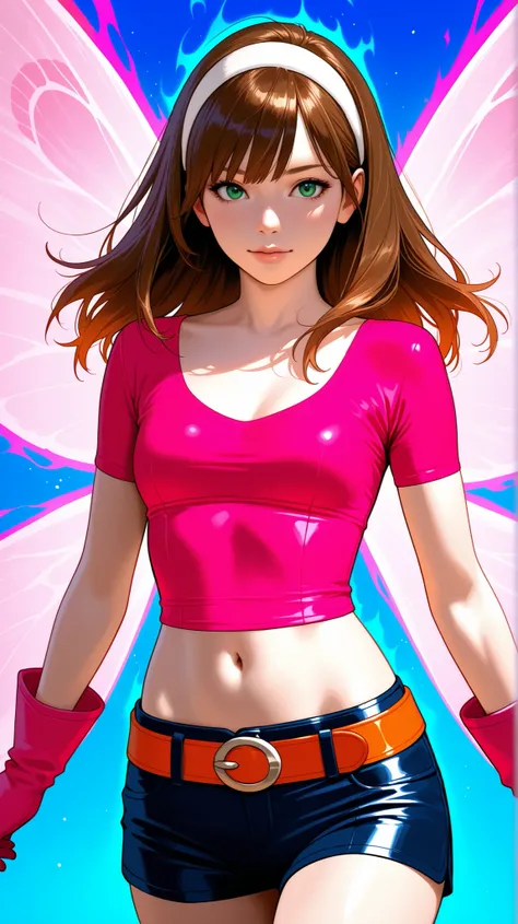 Half-body view of a beautiful woman with long brown hair and full spiky bangs, green eyes, medium chest, wear a white hairband, wear a fit pink leather shirt with short-sleeves and scoop neck, dark blue leather shorts with orange belt, pink gloves, her shi...