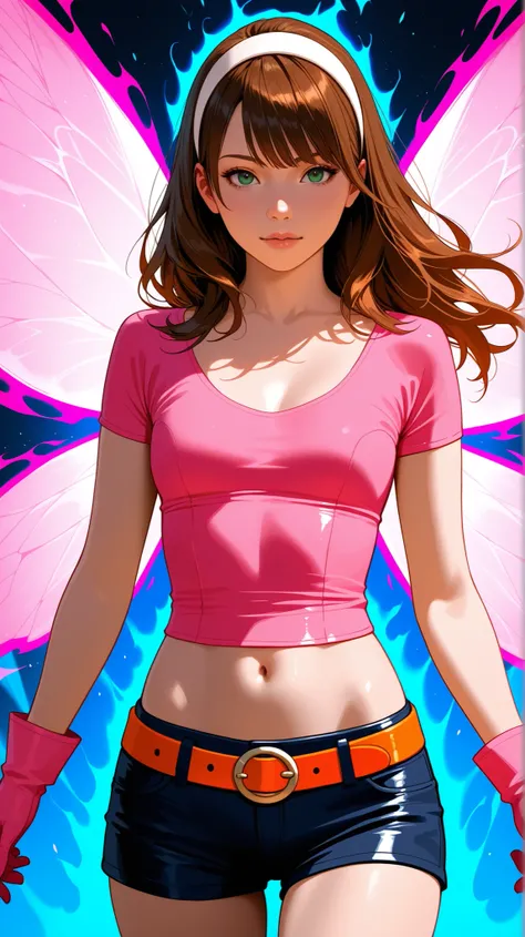 Half-body view of a beautiful woman with long brown hair and full spiky bangs, green eyes, medium chest, wear a white hairband, wear a fit pink leather shirt with short-sleeves and scoop neck, dark blue leather shorts with orange belt, pink gloves, her shi...