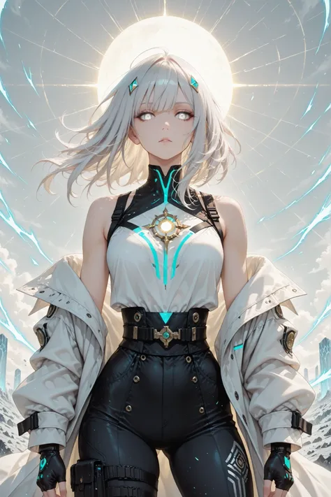 ((masterpiece, best quality, anime style, ultra-detailed)), (1girl, solo), (young female, age 18–20, athletic lean build, glowing white eyes:1.6, emotionless ice-cold expression, divine intensity, fair skin), (short messy white hair:1.5, wind-blown, radian...