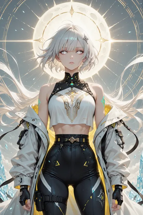 ((masterpiece, best quality, anime style, ultra-detailed)), (1girl, solo), (young female, age 18–20, athletic lean build, glowing white eyes:1.6, emotionless ice-cold expression, divine intensity, fair skin), (short messy white hair:1.5, wind-blown, radian...
