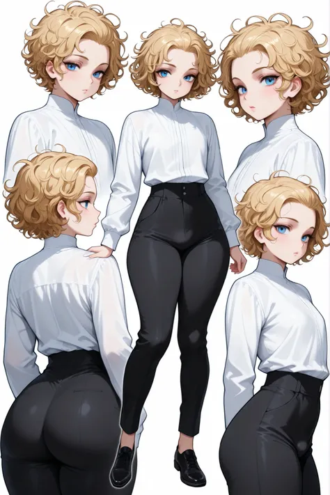 1boy, femboy, blonde Hair, curly hair, blue eyes, thick thighs, small waist, black pants, white shirt, messy hair, curly hair, short hair, hair pulled back, Glossy skin, long sleeves, multiple views, black shoes, 