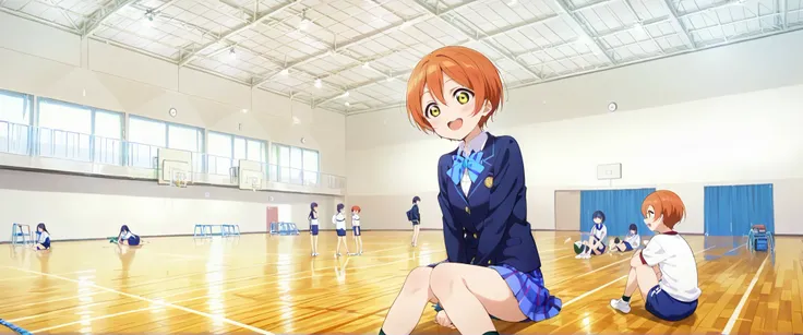 1girl,hoshizora rin, striped, short hair, blush, otonokizaka school uniform, open mouth, smile, lovelive_rin black blazer, blue plaid skirt, blue stripe bowtie, orange hair, very short hair, hair between eyes, yellow green eyes,sitting on the floor graspin...