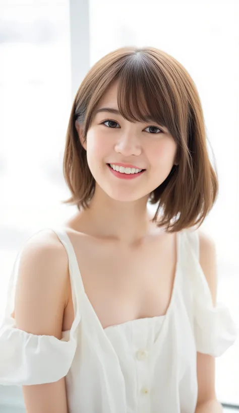 In this high-resolution photo、and bangs _Erica. she's a young Japanese woman named Ikuta with brown hair that reaches her shoulders、 wears an off-the-shoulder dress、She has white skin like snow . She is looking straight into the camera、 with a joyful expre...