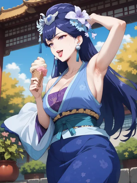 (best quality, masterpiece),Pear Blossom,Every Single Person at the Drugstore,armpits,sleeveless,long hair, purple eyes, purple hair, flower, earrings, hair flower, lipstick,Chest,  jewelry, Chinese clothing, Hanfu,Outdoors,garden,smile,indoor, big breasts...