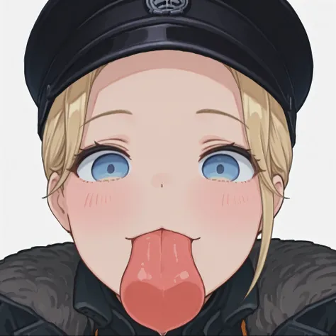 (masterpiece, high quality, amazing detail), highres, 1girl, ((testgirl)), black cap , light-blue eye, solo, blush_sticker, licking screen,(bare forehead), ((shaved temples)) 1girl, solo,blond, looking at viewer, simple background, white background, tongu...