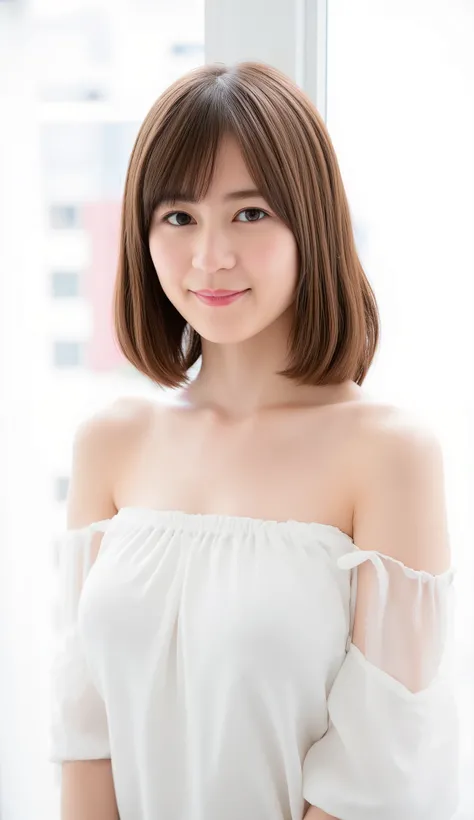 In this high-resolution photo、and bangs _Erica. she's a young Japanese woman named Ikuta with brown hair that reaches her shoulders、 wears an off-the-shoulder dress、She has white skin like snow . She is looking straight into the camera、 with a joyful expre...