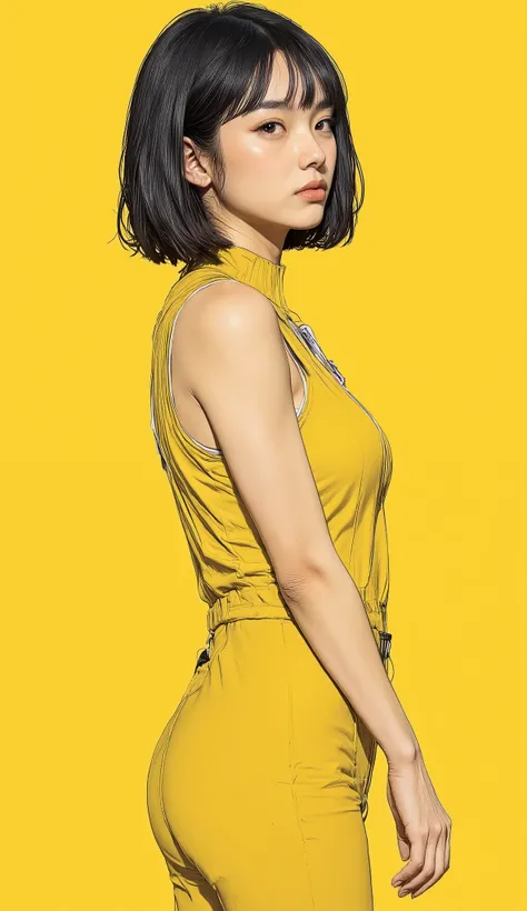 larger view of a woman changing clothes、black hair、short bob hair、woman is wearing a yellow suit on a yellow background, 黄色のSpace Suit, White Style Authentic Style, Space Suitの上半身部分を未着用の状態, white sleeveless inner shirt、Faye Valentine's , in Space Suit, wit...