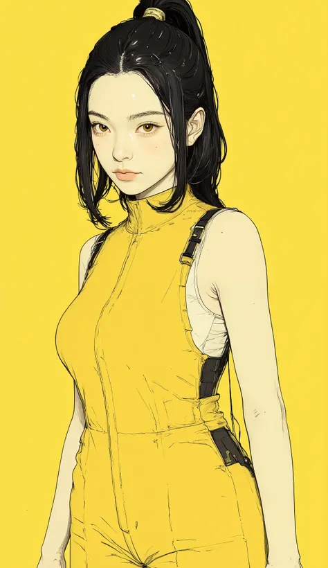 larger view of a woman changing clothes、black hair、ponytail、woman is wearing a yellow suit on a yellow background, 黄色のSpace Suit, White Style Authentic Style, Space Suitの上半身部分を未着用の状態, white sleeveless inner shirt、Faye Valentine's , in Space Suit, with a sp...