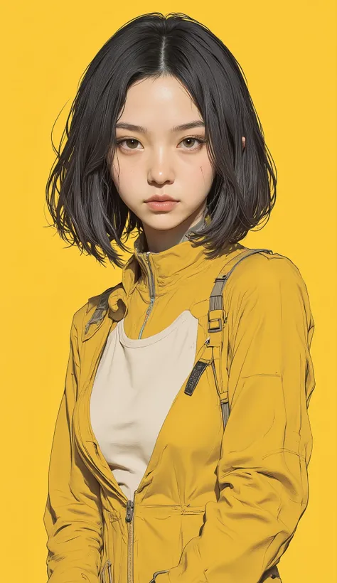 larger view of a woman changing clothes、Super zoom up to the face、black hair、short bob hair、woman is wearing a yellow suit on a yellow background, 黄色のSpace Suit, White Style Authentic Style, Space Suitの上半身部分を未着用の状態, white sleeveless inner shirt、Faye Valent...