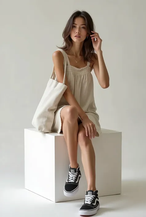 a beautiful thin Italian woman sitting on a low white block, wearing dress and (((Vans® sneakers))), holding one holding a white cloth bag, holding a raw cloth bag, square bag, Sustainable Materials , flat bag, holding an ecological bag, realistic photo, ...