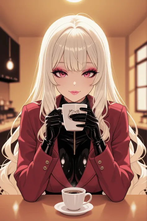 Anime-style woman sitting in a cozy, softly lit café by the window, holding a warm cup of coffee with steam rising gently. She wears a glossy black latex catsuit that hugs her exaggerated hourglass curves and enhances her voluptuous figure. Her hair is pla...