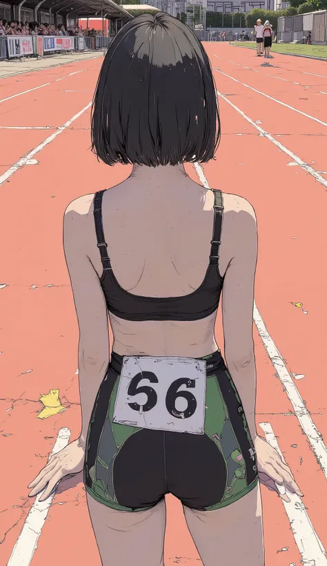 composition pointing upwards and diagonally downwards、Rear View、short black hair up to the waist, Move, black and green shorts, sports bra, number 66 race bib, confident standing pose, starting position for the sprint,Running Track, Bright sunlight, Shadow...