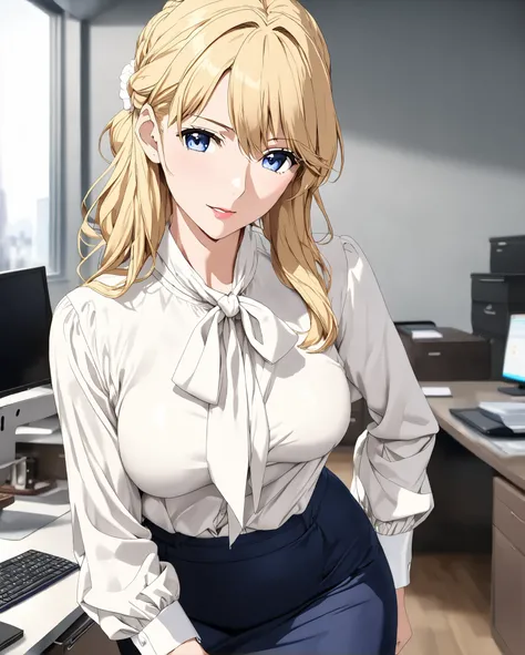 bow blouse, anime - style image, (((full body))), (((lancer of the Artoria Pendragon))), Masterpiece, very aesthetic, vibrant, standing, Realistic body structure, A body with perfect style, (((shiny classical and office style creamy white tie-neck blouse))...