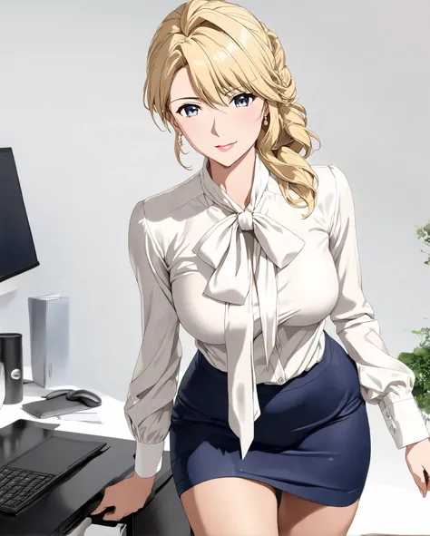 bow blouse, anime - style image, (((full body))), (((lancer of the Artoria Pendragon))), Masterpiece, very aesthetic, vibrant, standing, Realistic body structure, A body with perfect style, (((shiny classical and office style creamy white tie-neck blouse))...