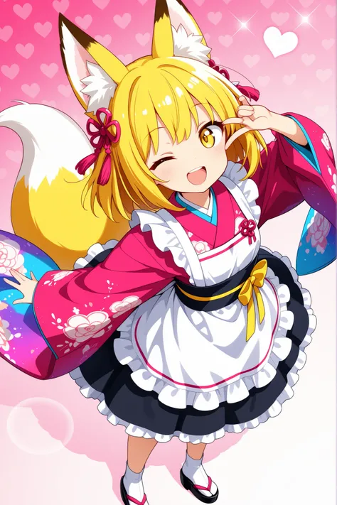 (masterpiece, best quality), (colorful),one girl, fox ears,fox tail,long yellow hair,yellow eyes, one eye closed,best smile,and open the mouth,Japanese kimono,maid,heart background , super precise illustration, High Detail , dynamic angle, beautiful detail...