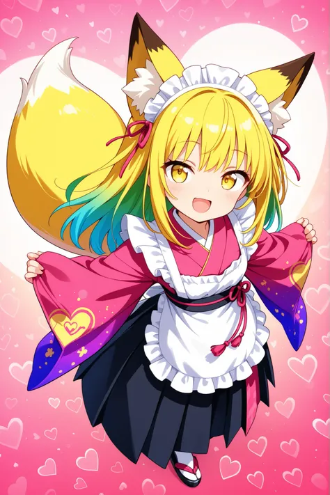 (masterpiece, best quality), (colorful),one girl, fox ears,fox tail,long yellow hair,yellow eyes, best smile,and open the mouth,Japanese kimono,maid,heart background , super precise illustration, High Detail , dynamic angle, beautiful detailed, 8k, (high ...