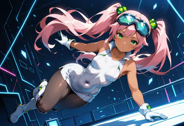 1girl, full body, Lovrina-inspired character, tan skin, vivid pink hair, very long pigtails, green eyes, looking at viewer, wearing a futuristic short dress (grey stomach, sleeveless), black pantyhose, grey thigh-high boots, white gloves, goggles on head, ...