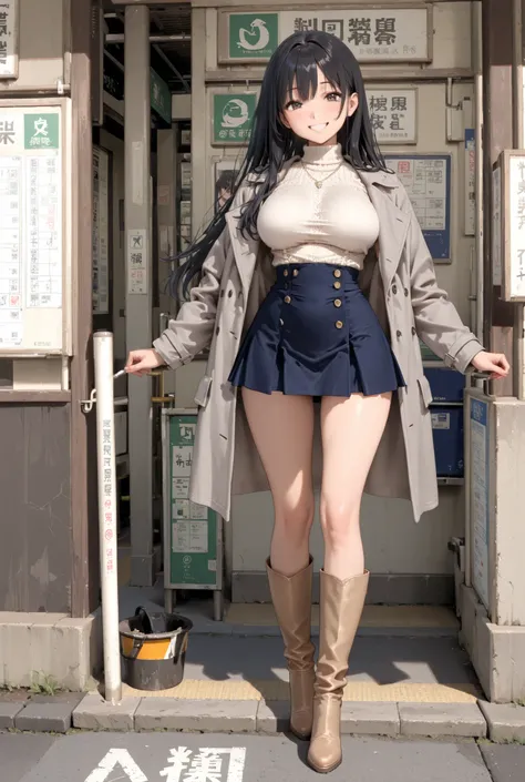 masterpiece、best quality、1 girl、full body、standing、smiling、long black hair、Big Breasts、Light Brown Knee High Boots、Navy Blue High Waist Mini Skirt、white high neck knit inner、 grey coat、In front of a Japanese station